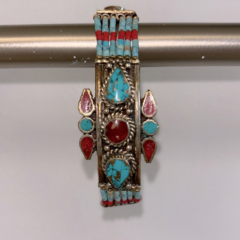 Vintage Tibetan Bracelet Turquoise, Coral, and Silver